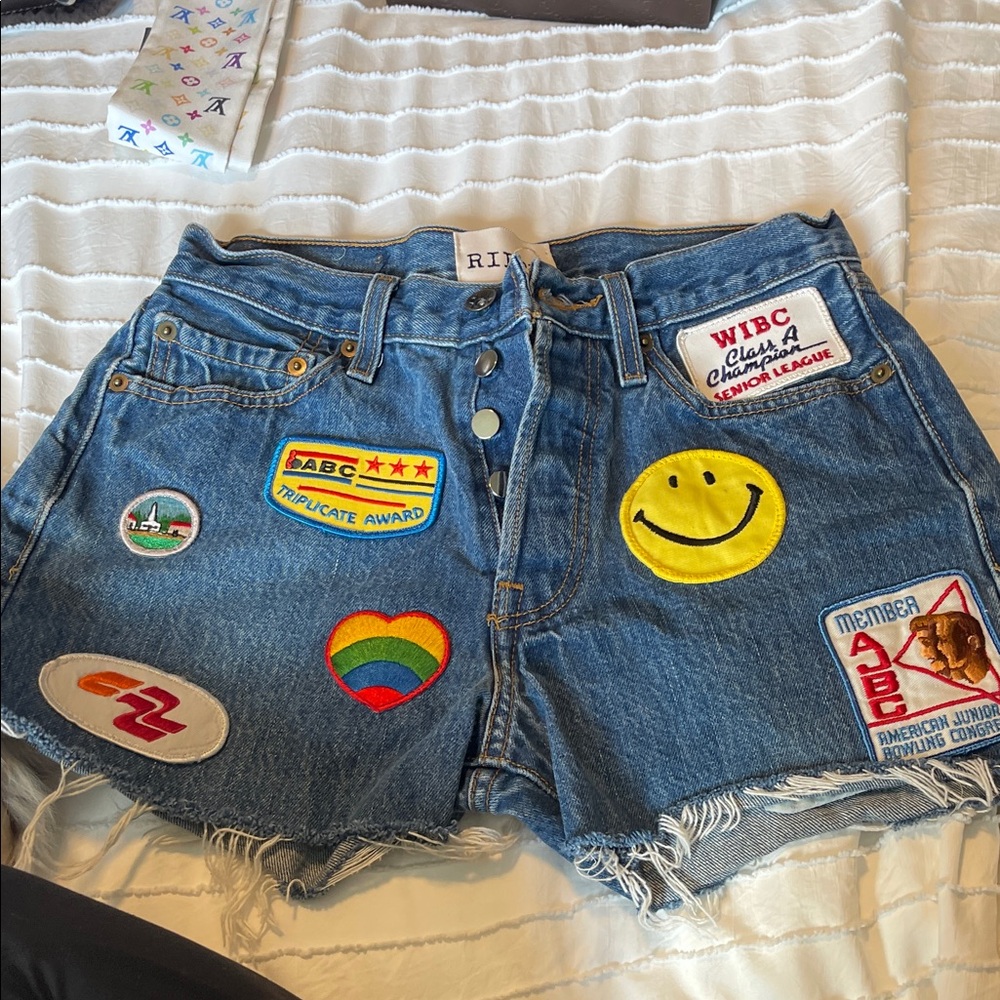 Ripped Denim Patchwork Shorts - Blue